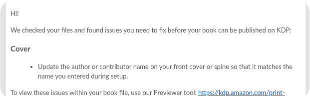 Screenshot of Amazon KDP email about cover author name mismatch
